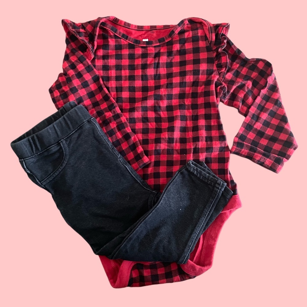 BabyGap Red Tartan Toddler Girl Onesie and Black Jeans